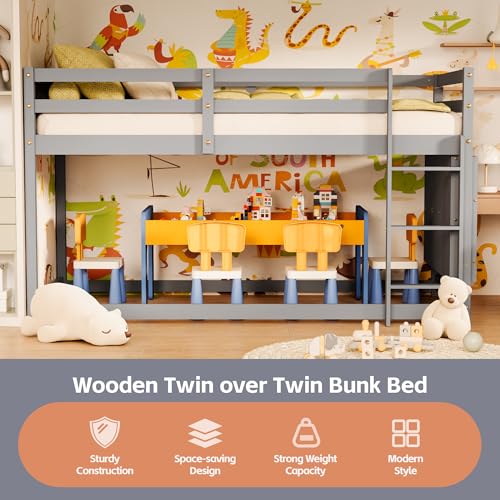 Twin Over Twin Wooden Bunk Bed with Ladder and Guardrails B3967