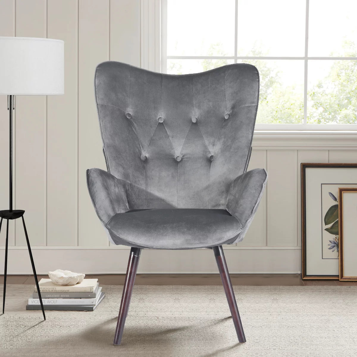 Gray Velvet Tufted Wing Back Accent Chair K7284