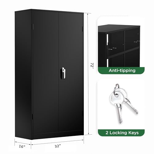 72" Black Locking Metal Storage Cabinet with Doors and 4 Adjustable Shelves W1380
