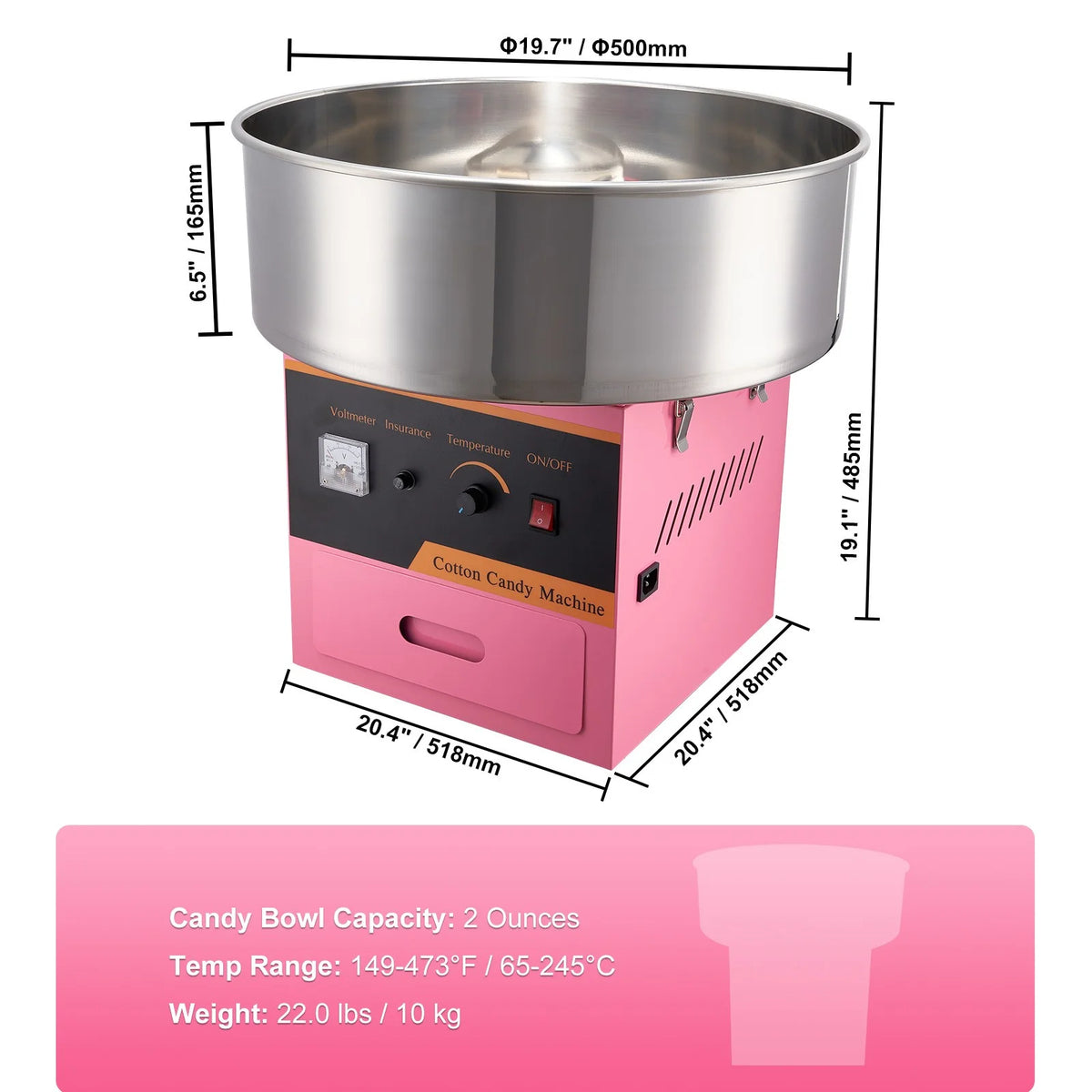 Cotton Candy Machine 21 Inch Stainless Steel Bowl Electric Candy Floss Maker U812678