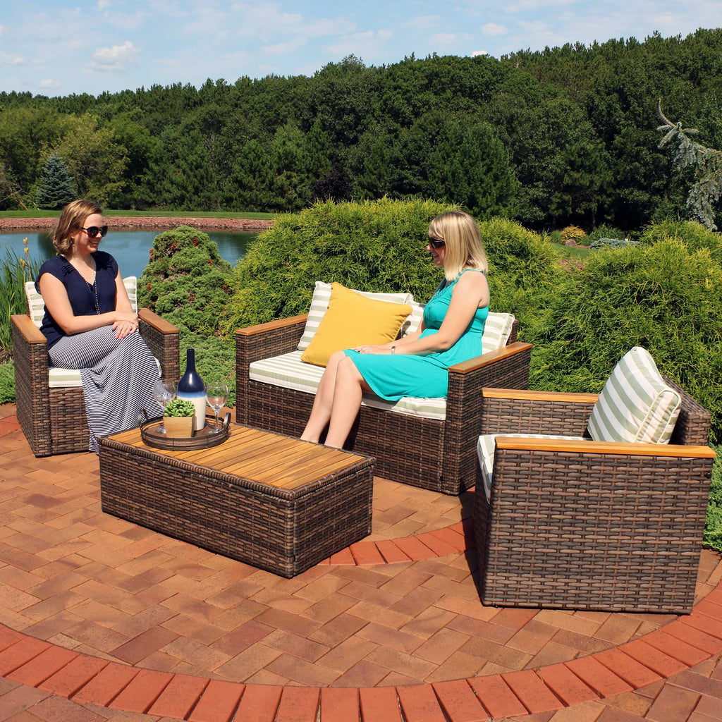 Rattan and Acacia Wood 4pc Patio Conversation Furniture Set with Cushions J533738