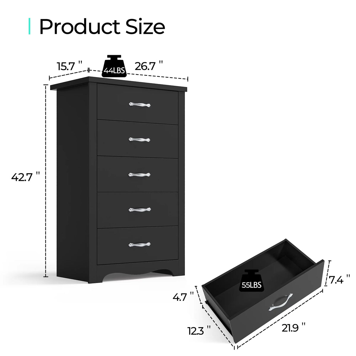 Black 5 Drawer Dresser K7005