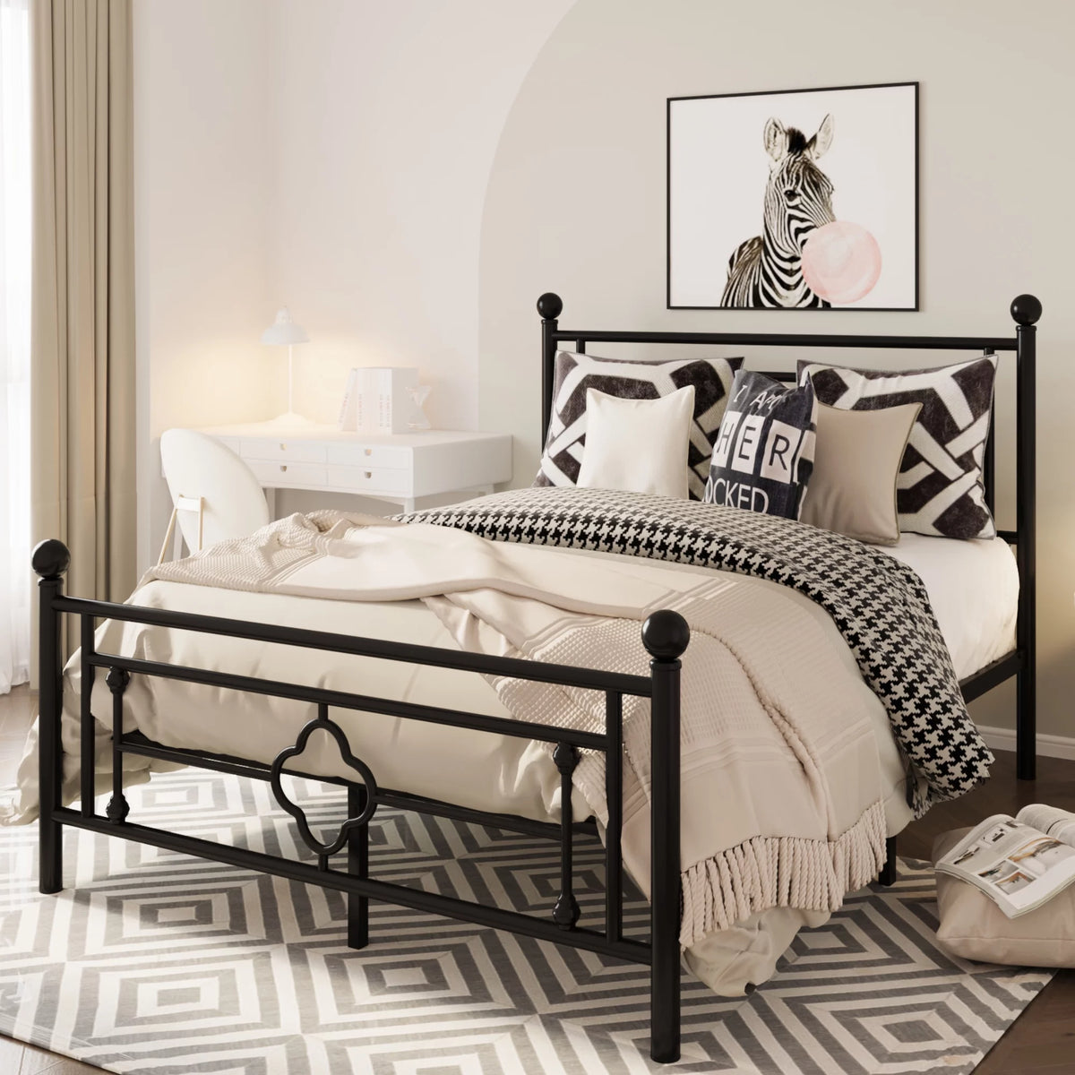 Queen Size Black Metal Platform Bed Frame with Headboard and Footboard S673
