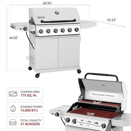 6 Burner Propane Gas Grill with Side Burner, White B734533