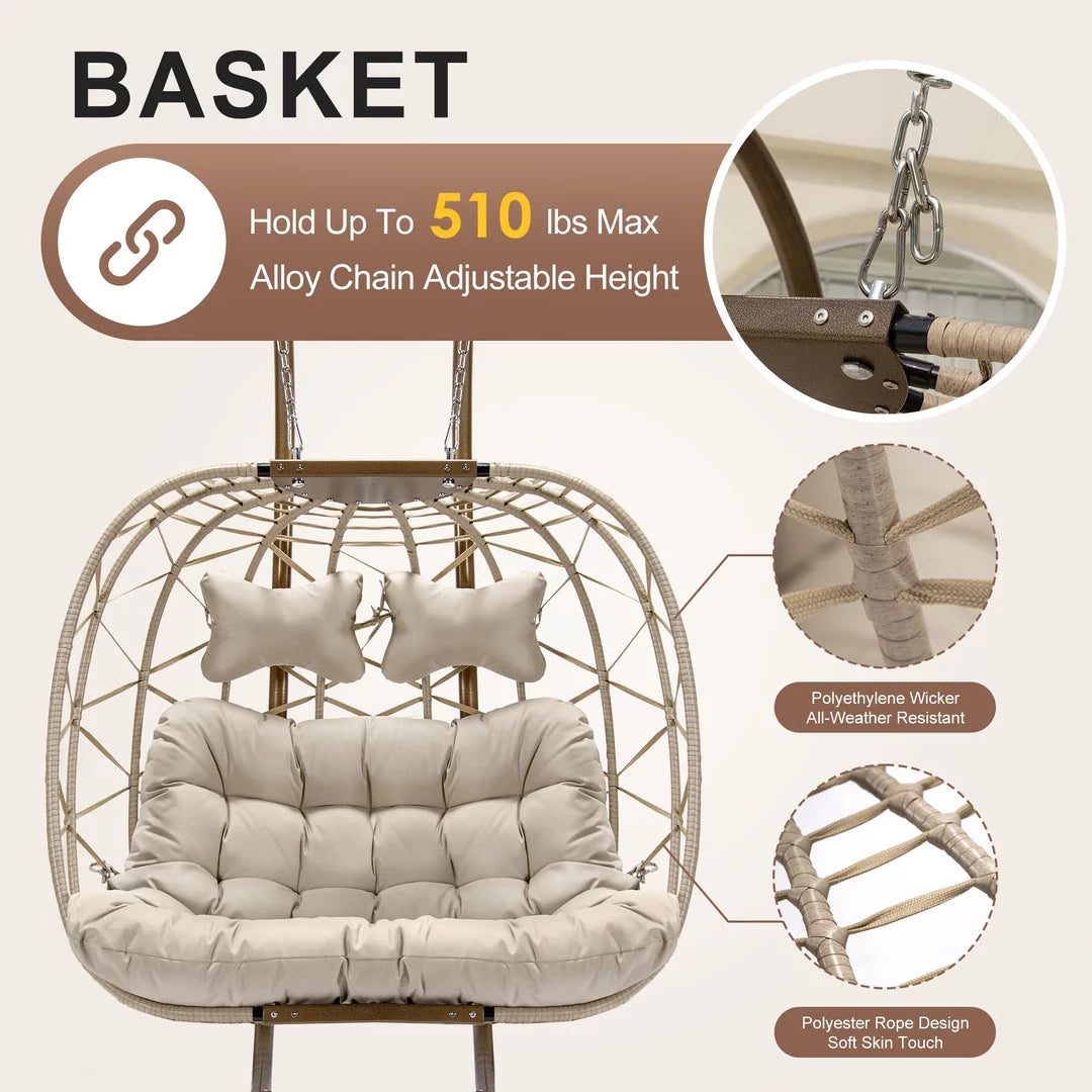 Beige Wicker Double Egg Chair with Stand F420