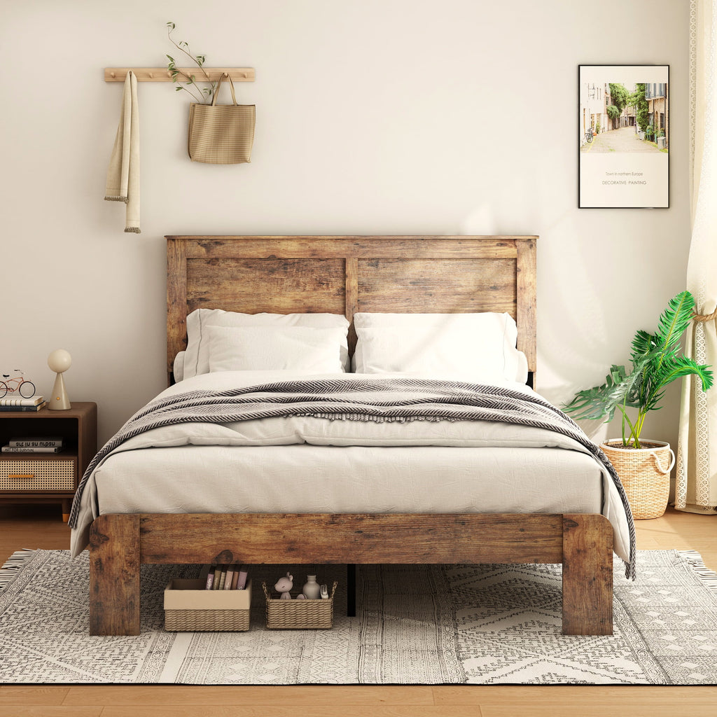 Queen Size Dark Brown Wood Platform Bed with Headboard Q25914