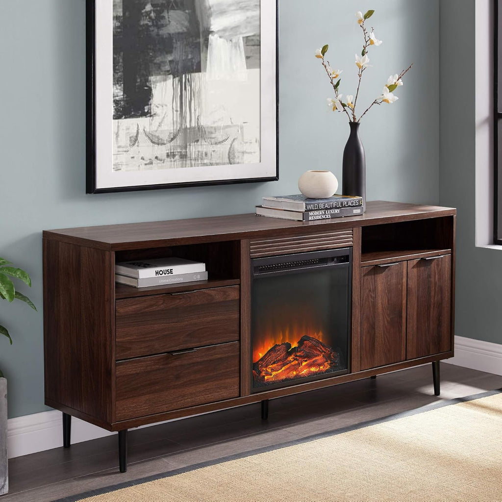 58 Inch Dark Walnut Wood TV Stand with Cabinet Doors and Drawers O974915