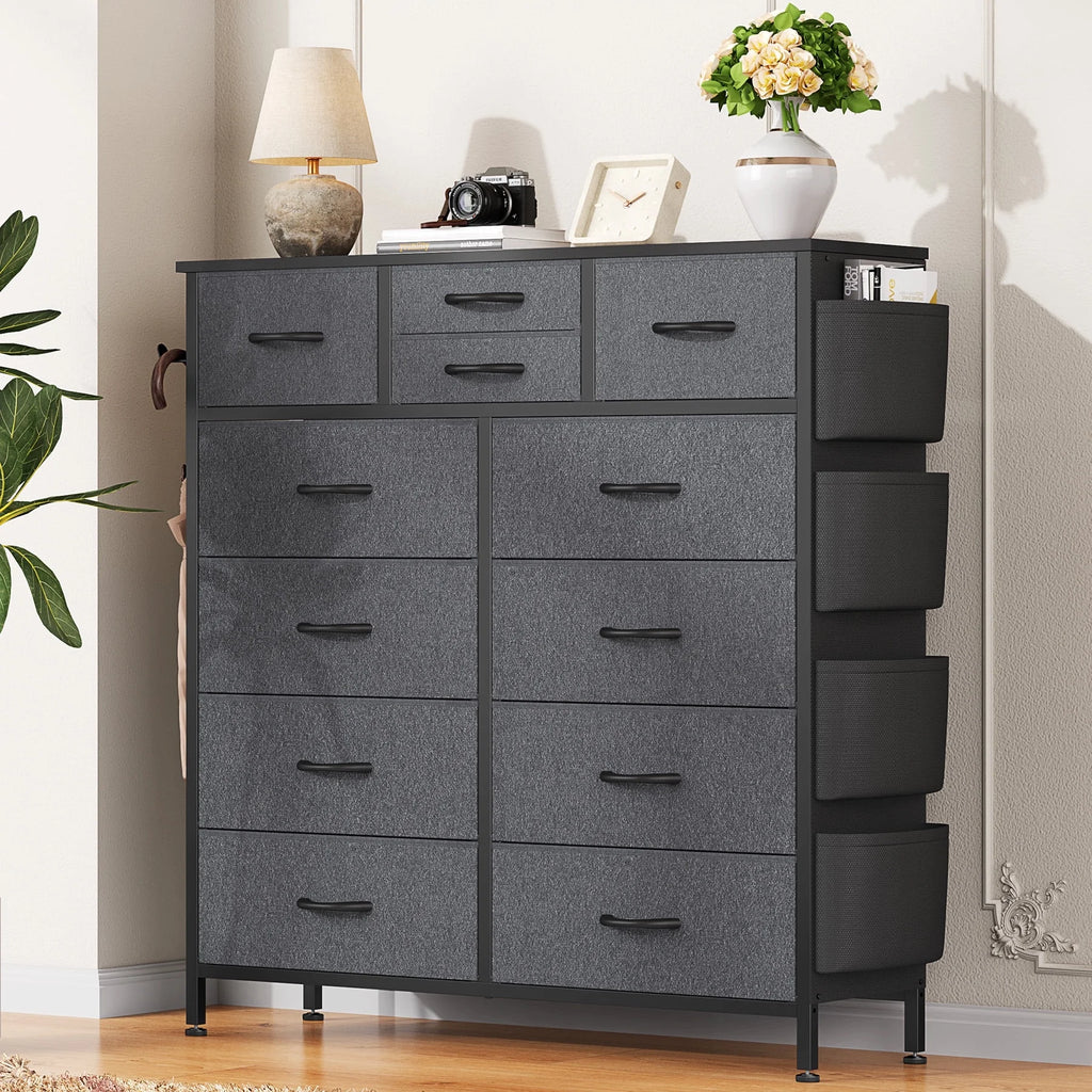 Brown 12 Drawer Fabric Dresser with Steel Frame and Wooden Top S55331