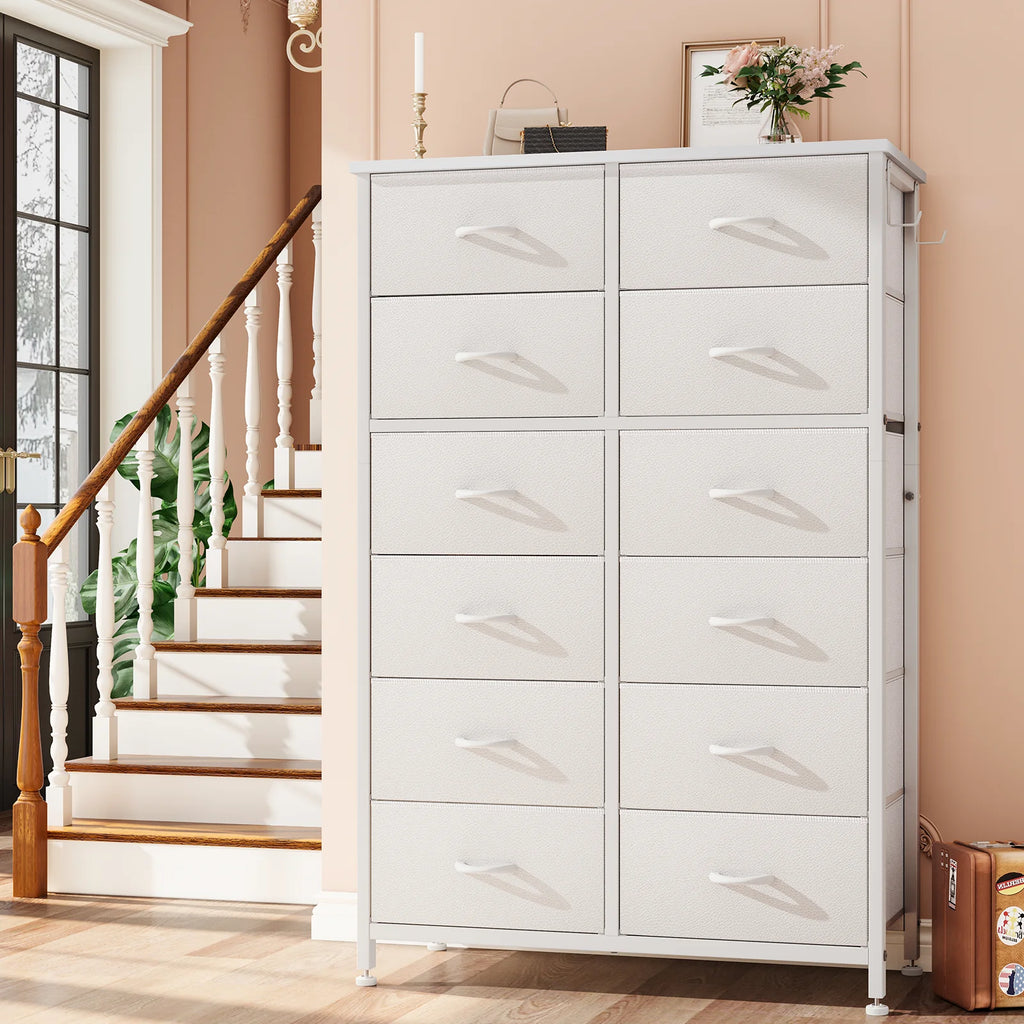 Brown 12 Drawer Fabric Dresser with Steel Frame and Wooden Top S55331