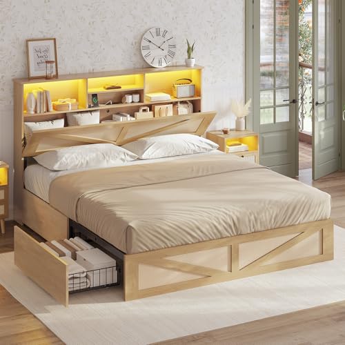 Full Size Bed Frame with 4 Storage Drawers and Rattan Headboard K708685