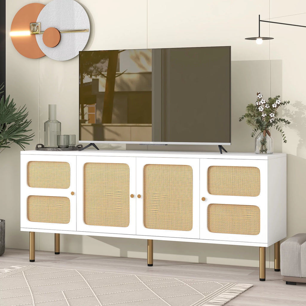 White Rattan TV Stand with Gold Metal Base S660086