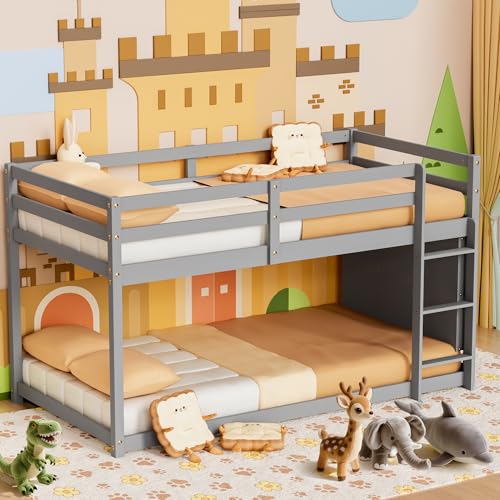 Twin Over Twin Wooden Bunk Bed with Ladder and Guardrails B3967