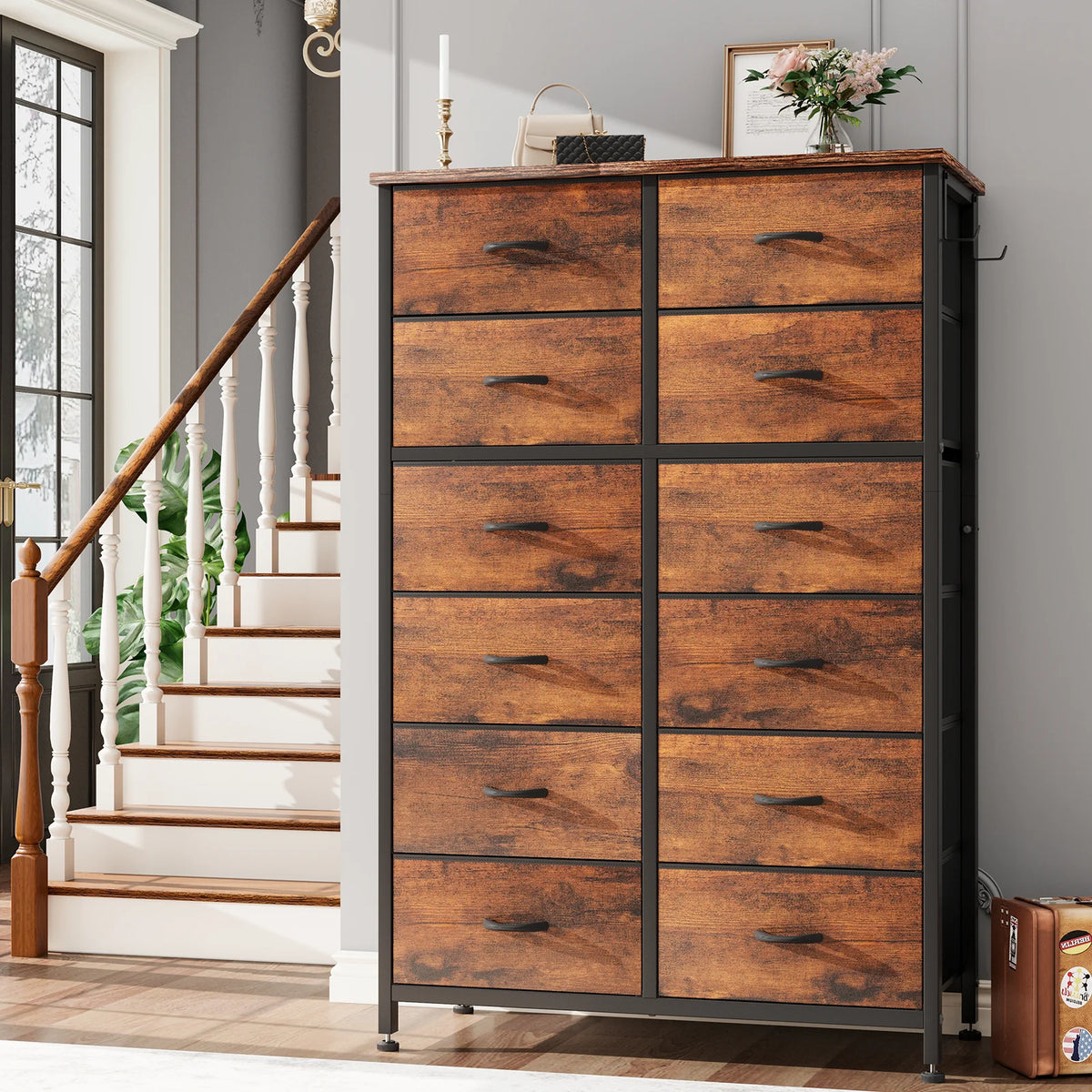 Brown 12 Drawer Fabric Dresser with Steel Frame and Wooden Top S55331