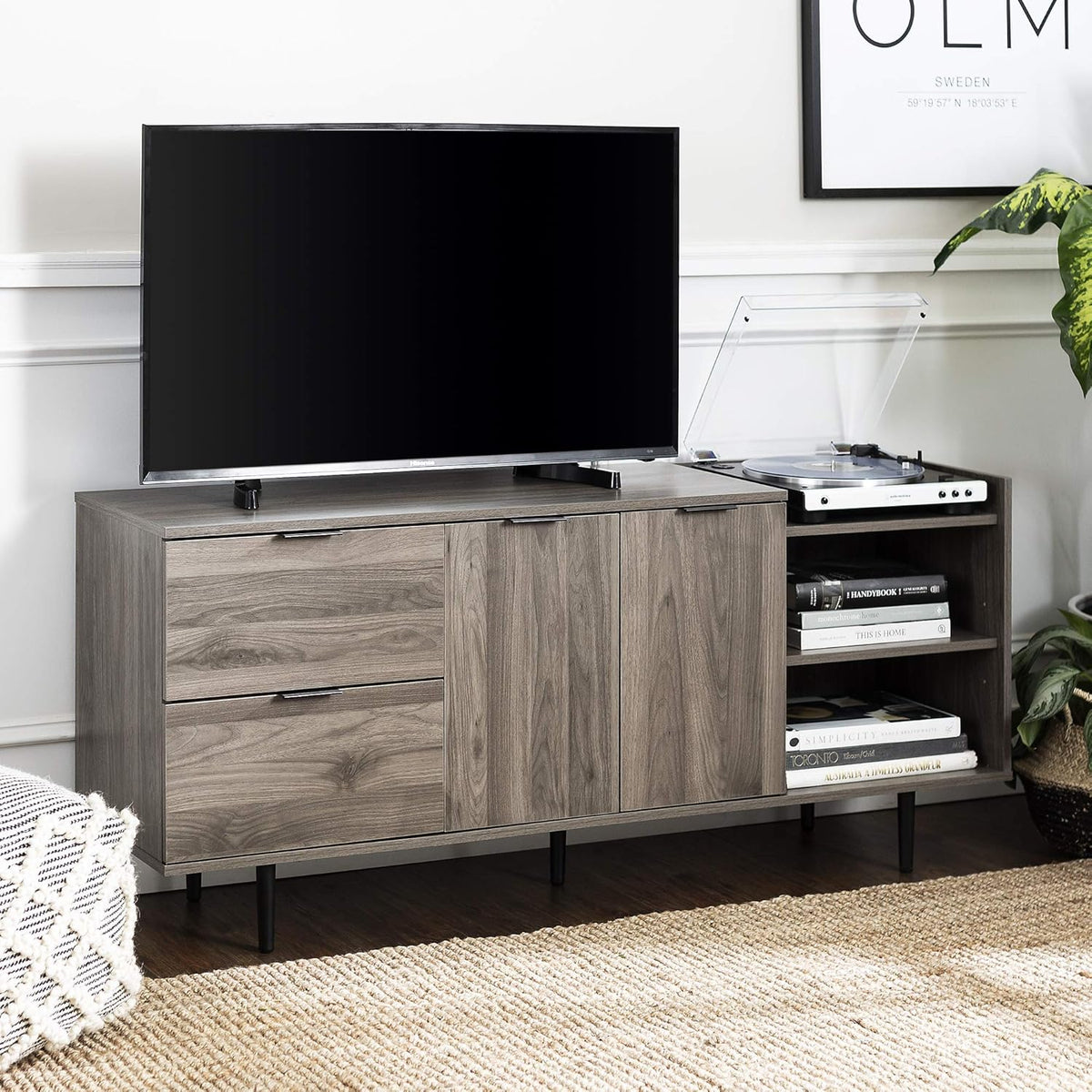 58 Inch Dark Walnut Wood TV Stand with Cabinet Doors and Drawers O974915