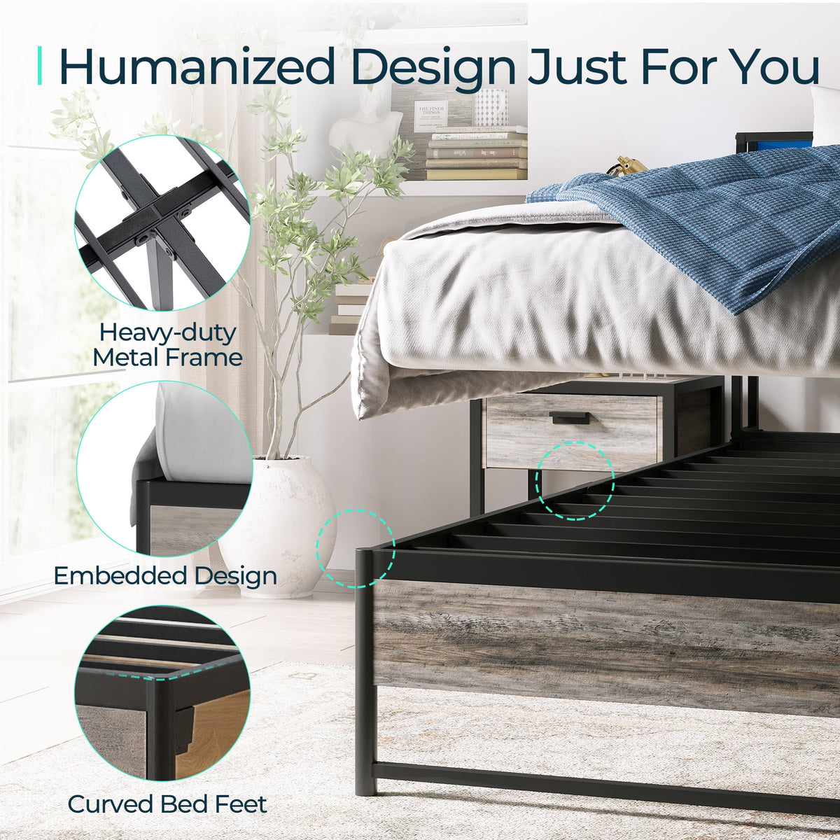 Full Size Metal Platform Bed Frame with Headboard and 3 Storage Shelves R89386