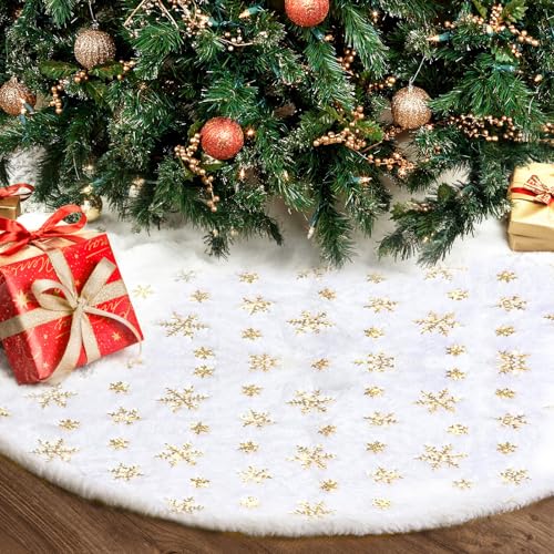 Christmas Tree Skirt 36 Inch Plush Gold Sequin Snowflake B35196