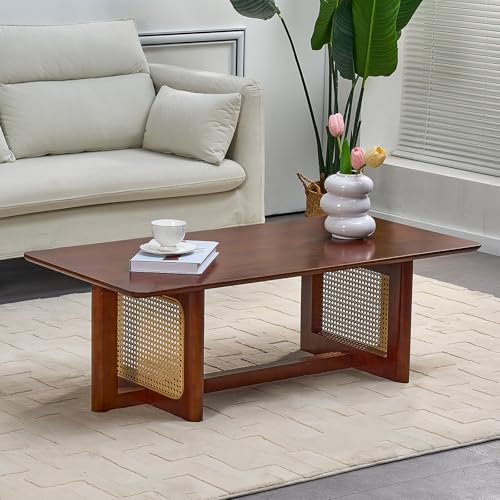 Rattan Coffee Table, 42.5 Inch Rectangular Solid Wood Table M133