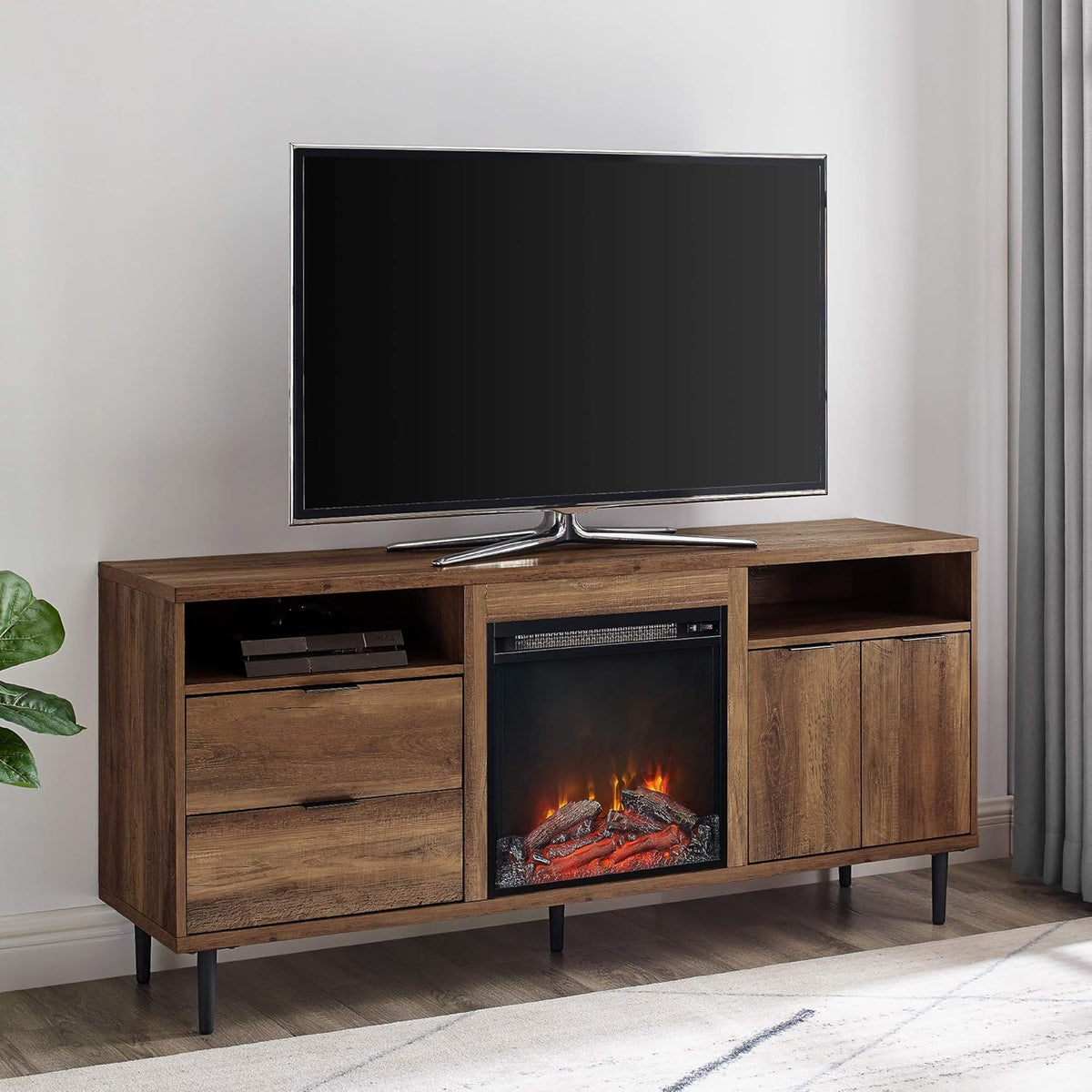 58 Inch Dark Walnut Wood TV Stand with Cabinet Doors and Drawers O974915