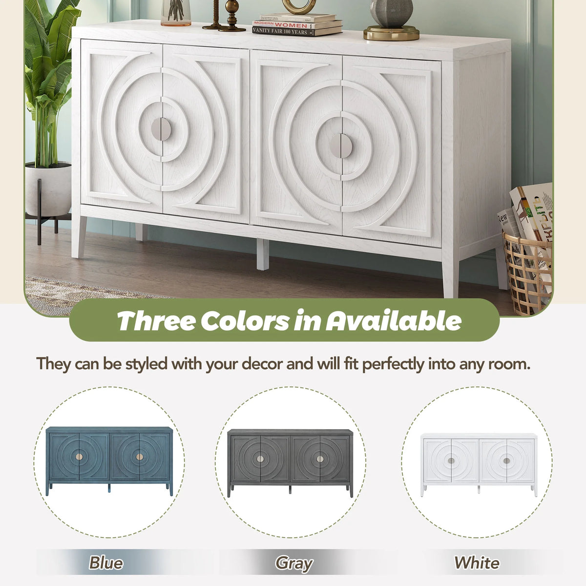 White 4 Door Wooden Accent Cabinet with Adjustable Shelves N77618