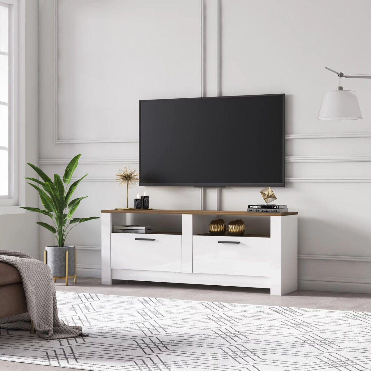 White and Oak 57 Inch 2 Drawer TV Stand S848