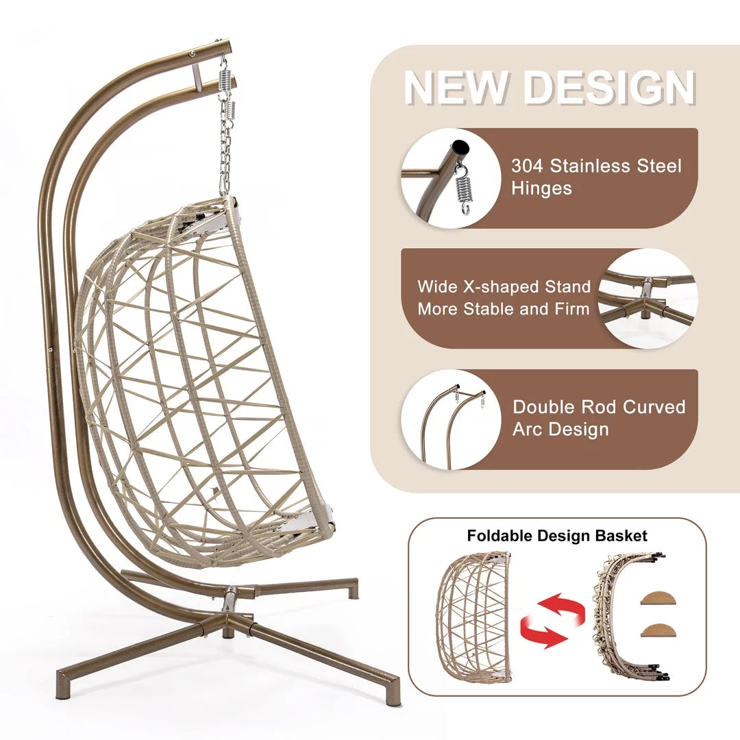 Beige Wicker Double Egg Chair with Stand F420