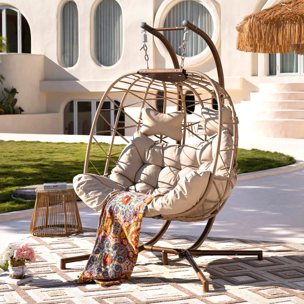 Beige Wicker Double Egg Chair with Stand F420