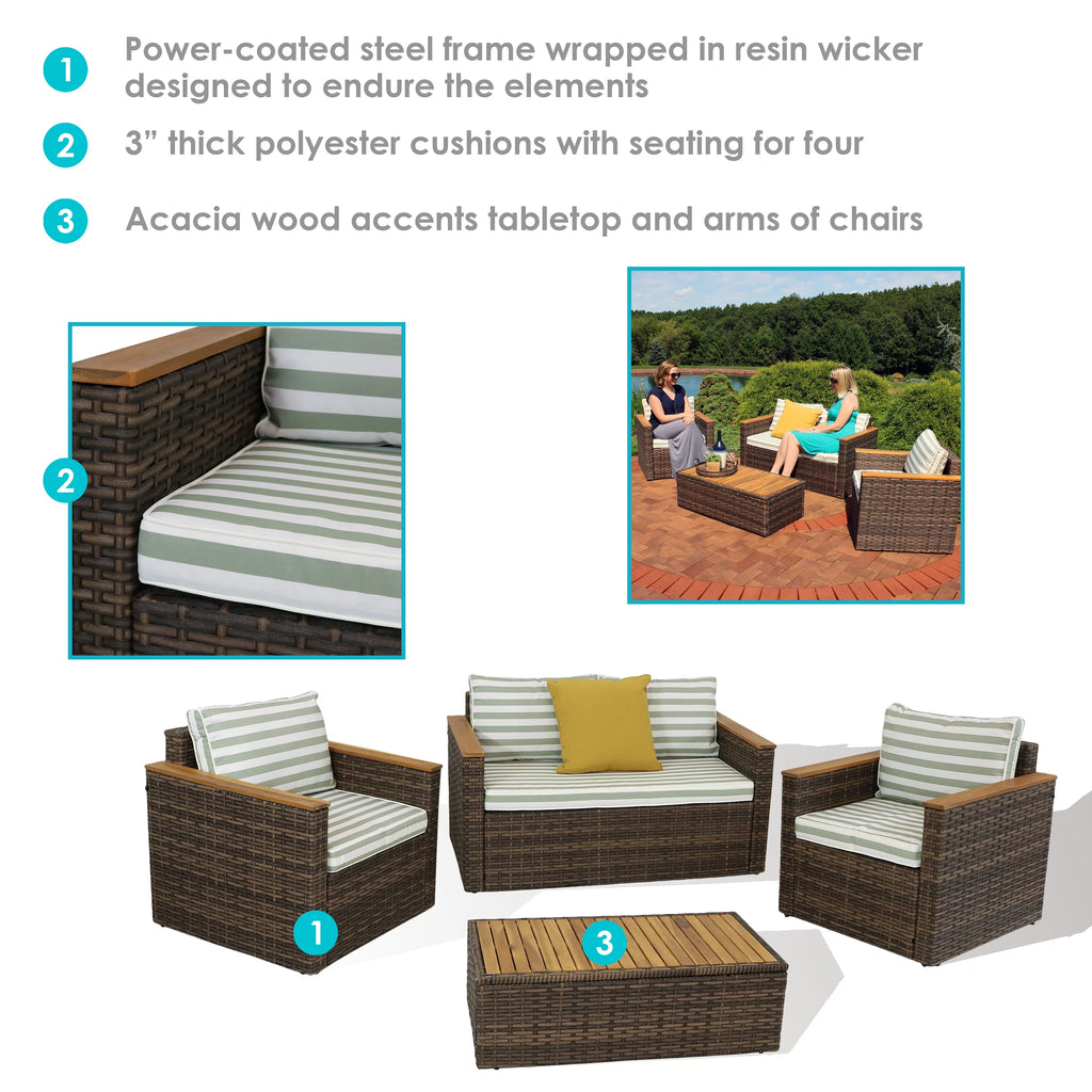 Rattan and Acacia Wood 4pc Patio Conversation Furniture Set with Cushions J533738