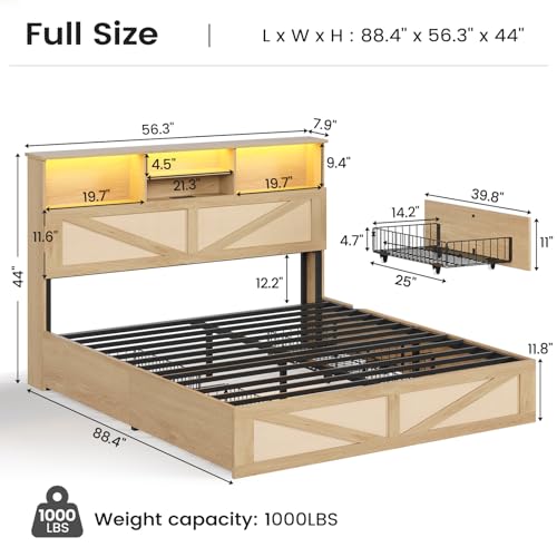 Full Size Bed Frame with 4 Storage Drawers and Rattan Headboard K708685