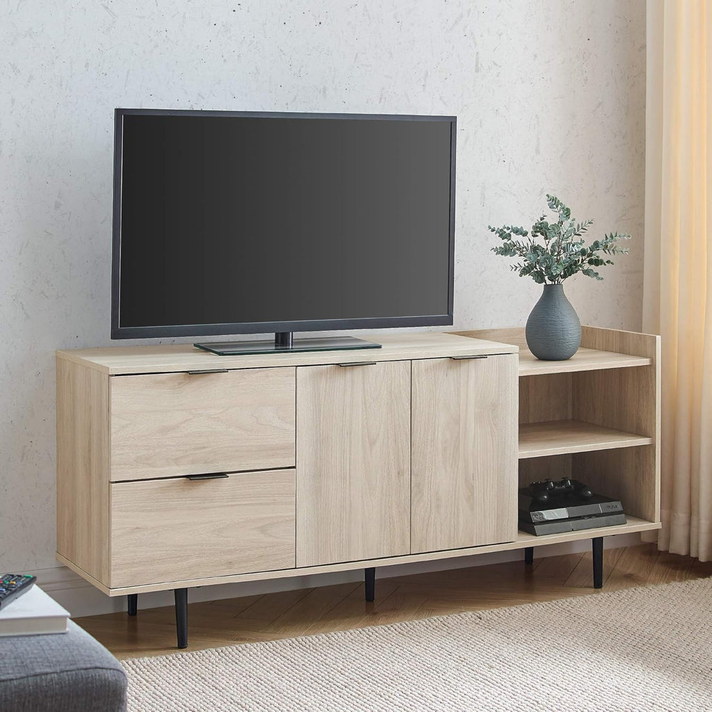 58 Inch Dark Walnut Wood TV Stand with Cabinet Doors and Drawers O974915