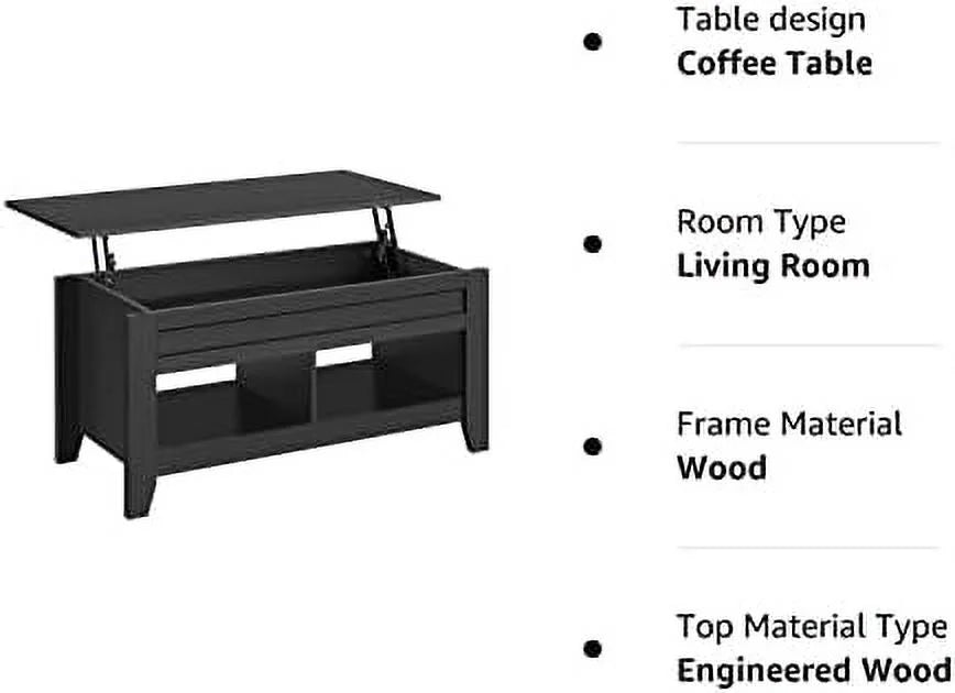 Black Wood Lift Up Coffee Table with Hidden Storage and 2 Open Shelves P1042