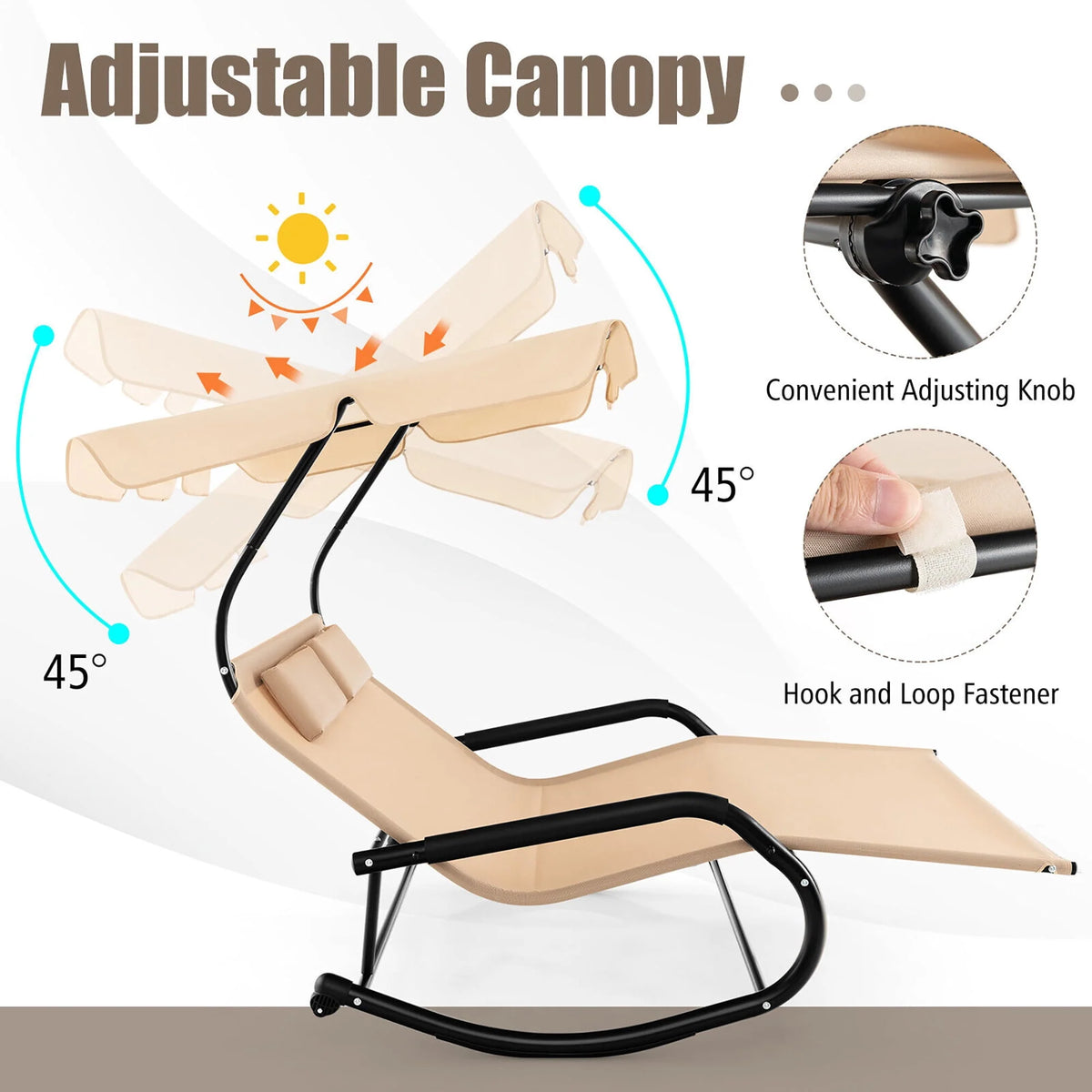 Outdoor 2-Person Double Rocking Chaise Lounge with Canopy & Wheels Metal Frame U684071