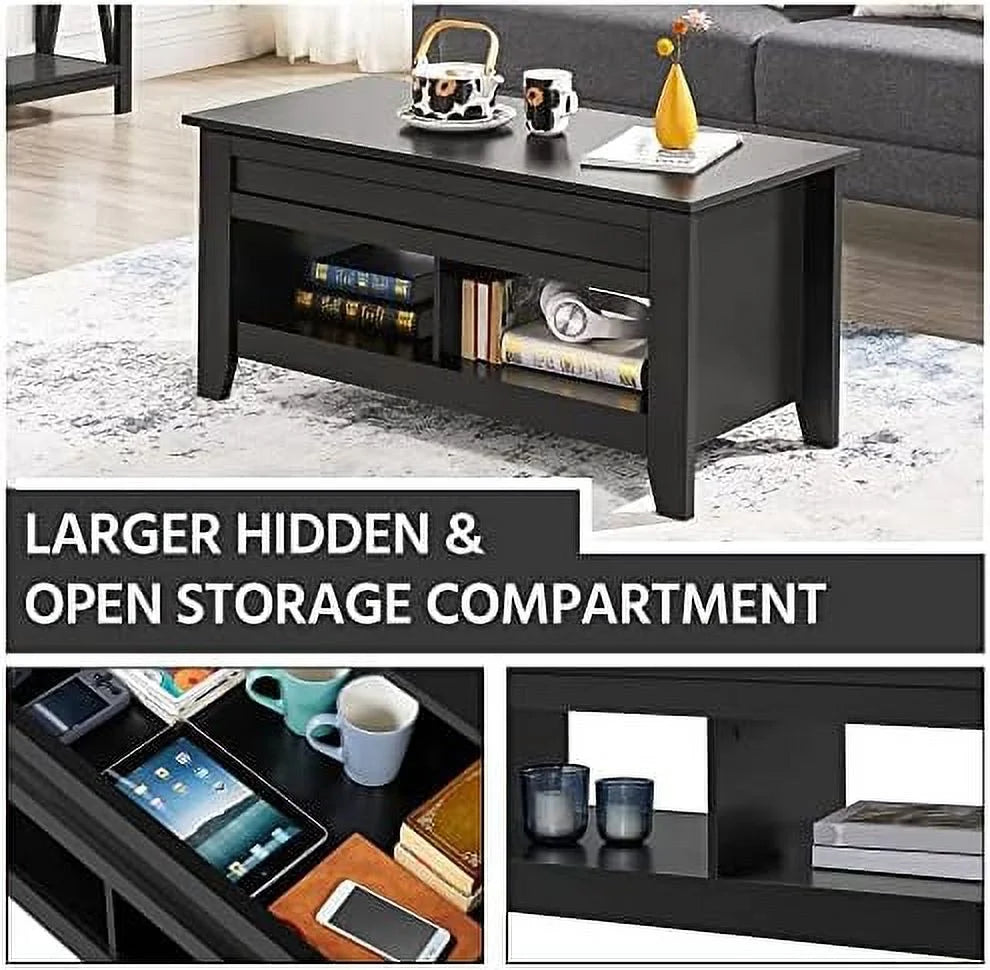 Black Wood Lift Up Coffee Table with Hidden Storage and 2 Open Shelves P1042