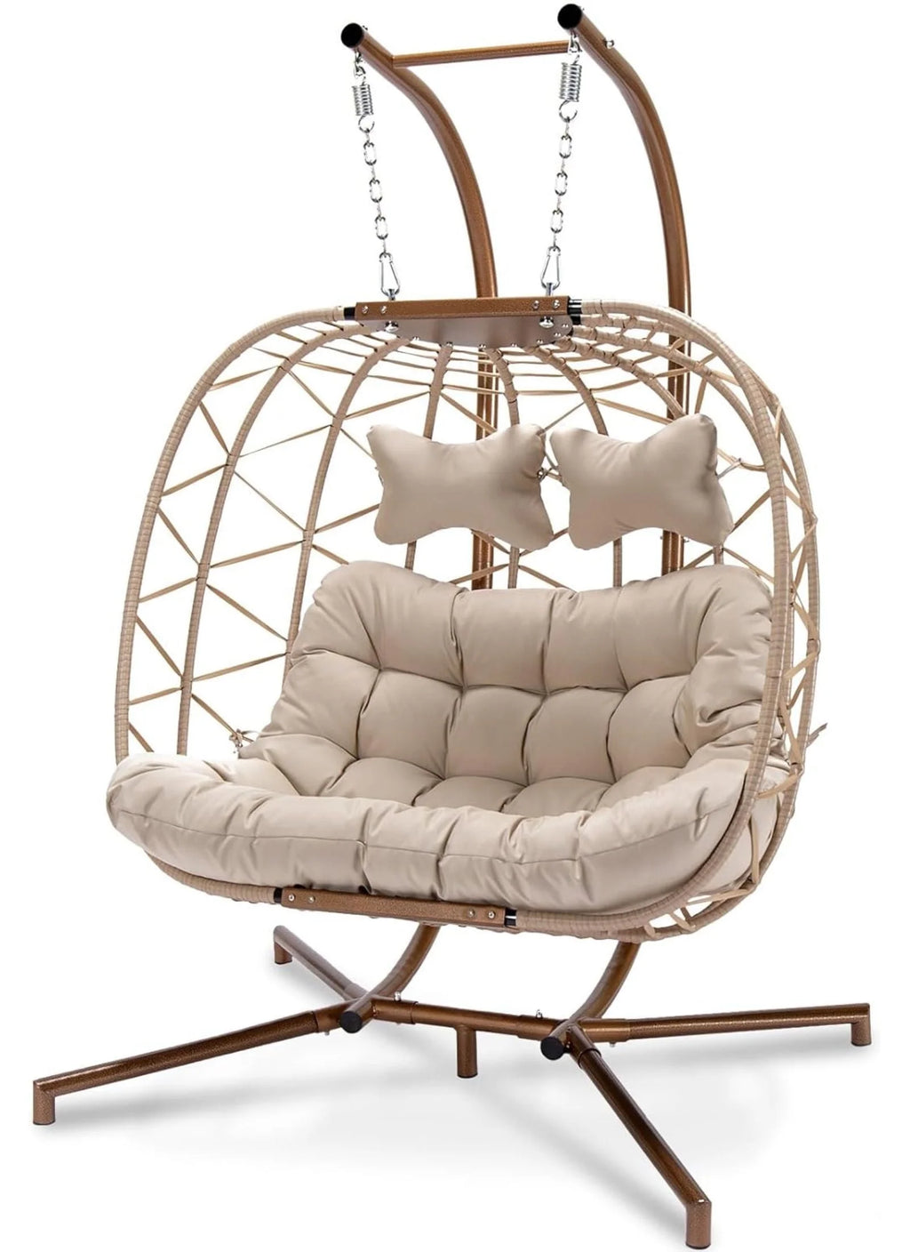 Beige Wicker Double Egg Chair with Stand F420