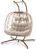 Beige Wicker Double Egg Chair with Stand F420