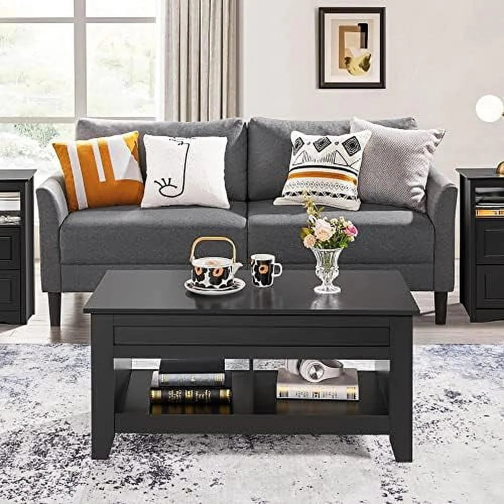 Black Wood Lift Up Coffee Table with Hidden Storage and 2 Open Shelves P1042