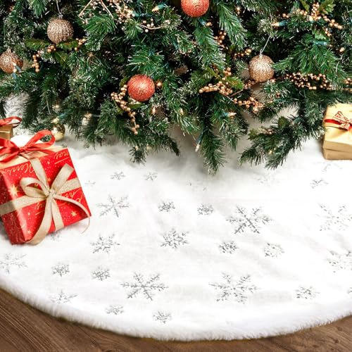 Christmas Tree Skirt 36 Inch Plush Gold Sequin Snowflake B35196