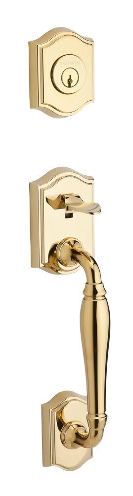 Polished Brass Handleset with Left Handed Curve Lever and Traditional Round Rose B7884