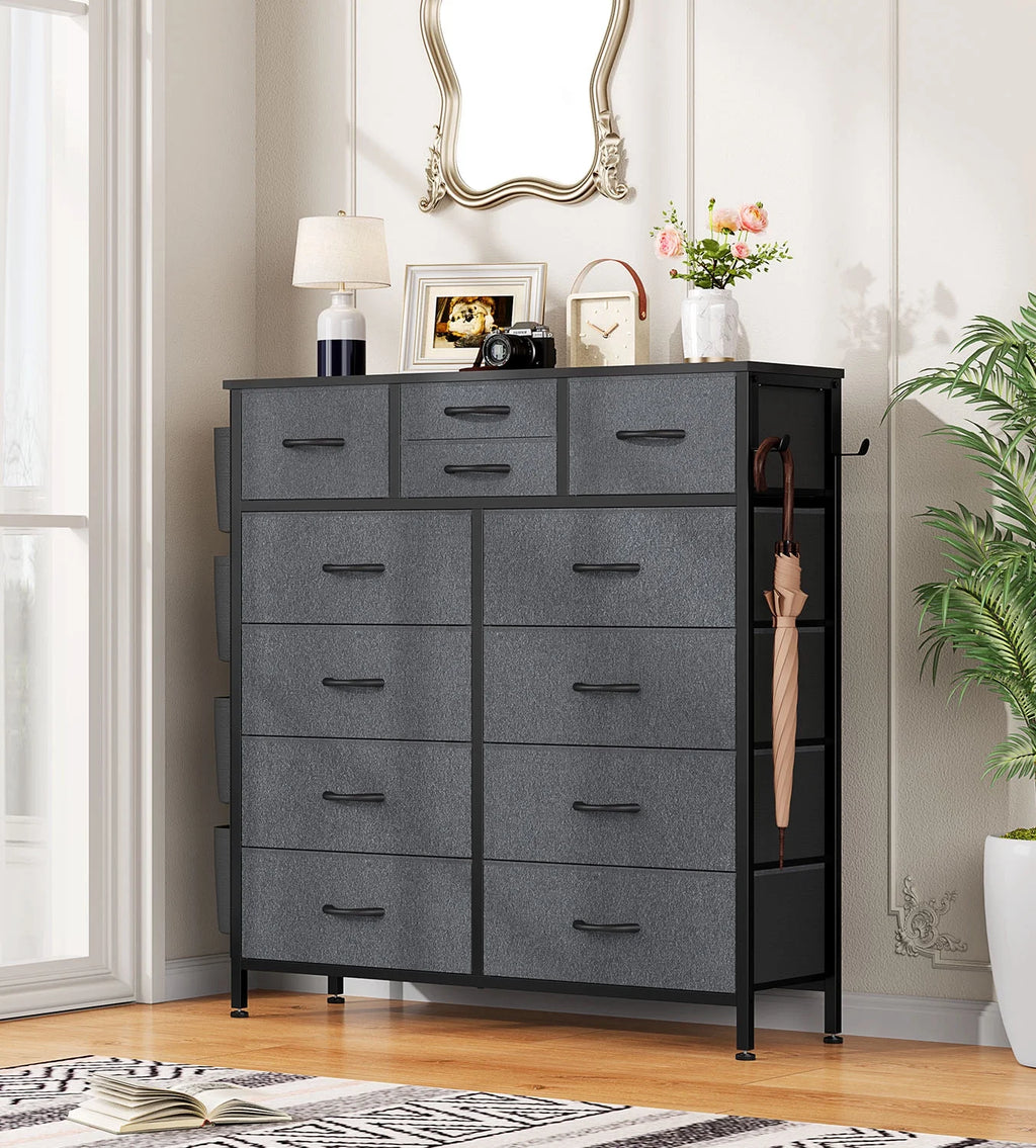 Brown 12 Drawer Fabric Dresser with Steel Frame and Wooden Top S55331