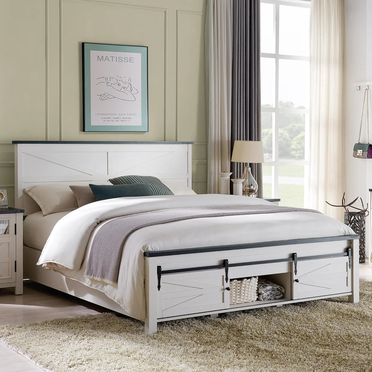 White King Size Platform Bed Frame with Headboard and Storage Cabinets N372781