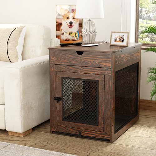 Wooden Dog Crate End Table with Storage Drawer R19794