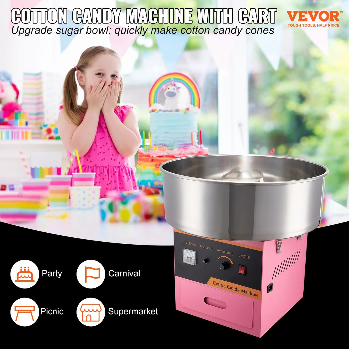 Cotton Candy Machine 21 Inch Stainless Steel Bowl Electric Candy Floss Maker U812678