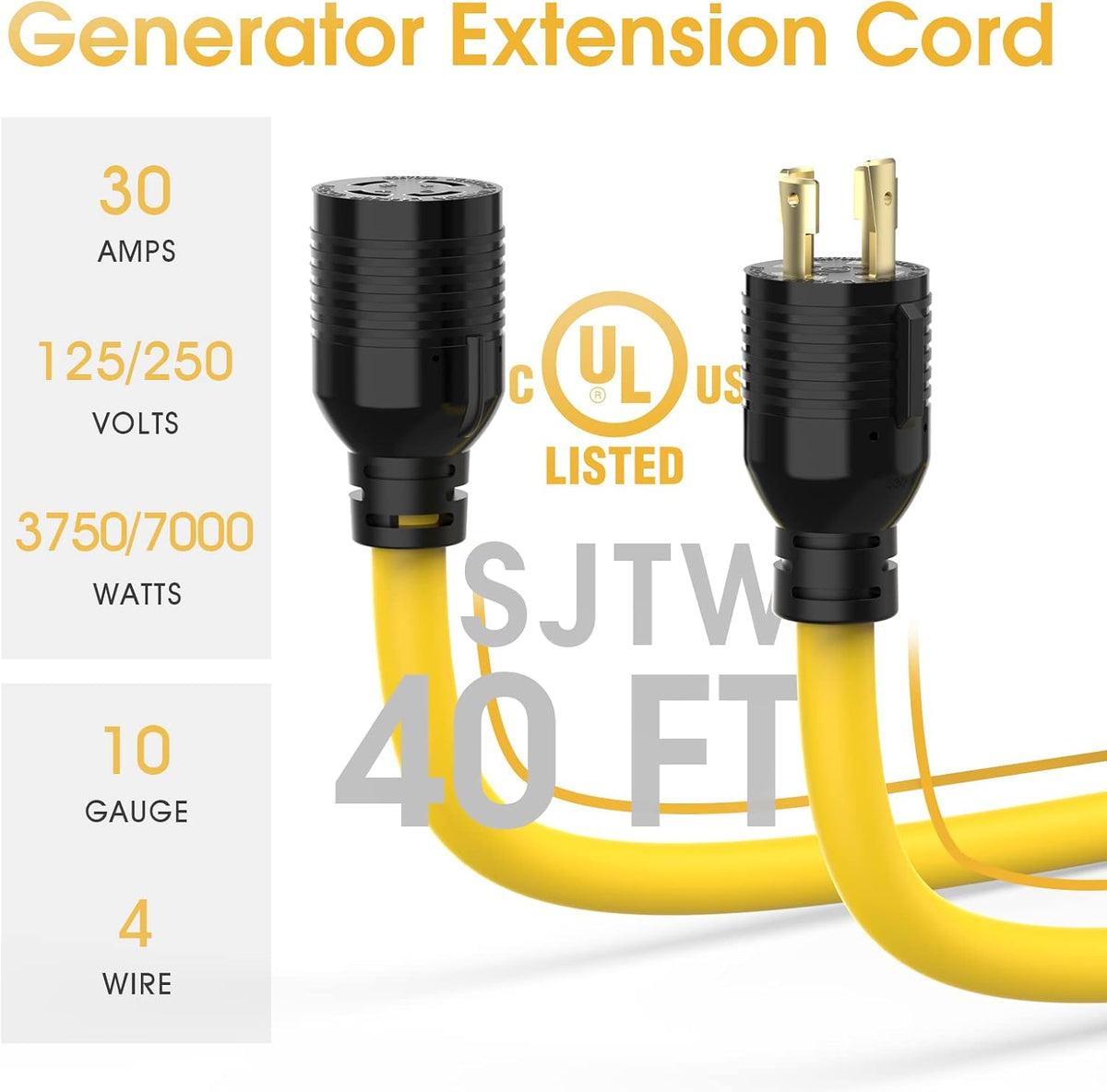 30A 125/250V 7500W Generator Power Extension Cord 40 Feet A6641