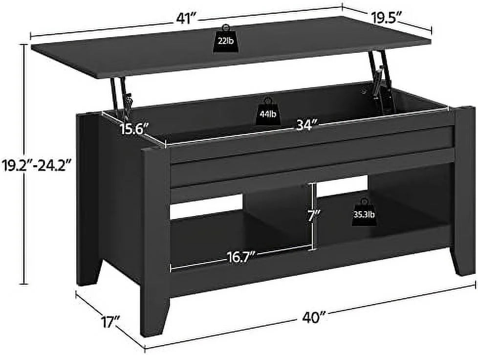 Black Wood Lift Up Coffee Table with Hidden Storage and 2 Open Shelves P1042