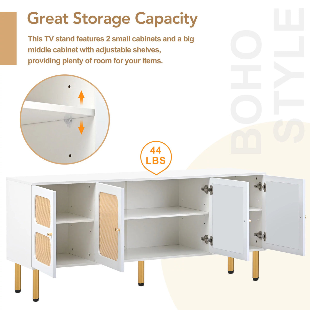 White Rattan TV Stand with Gold Metal Base S660086