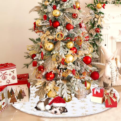 Christmas Tree Skirt 36 Inch Plush Gold Sequin Snowflake B35196