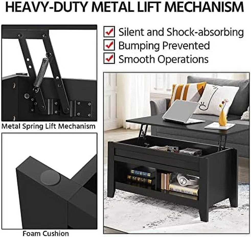 Black Wood Lift Up Coffee Table with Hidden Storage and 2 Open Shelves P1042