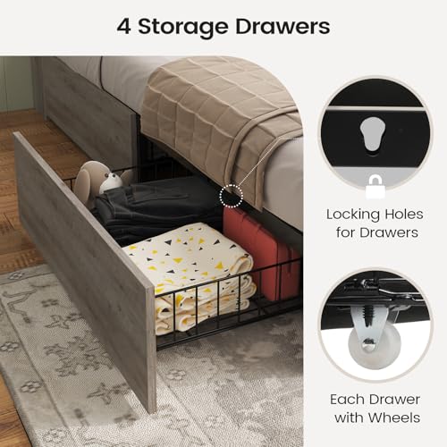 Full Size Bed Frame with 4 Storage Drawers and Rattan Headboard K708685