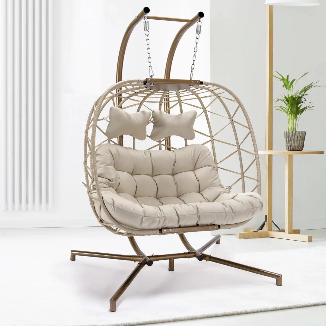 Beige Wicker Double Egg Chair with Stand F420