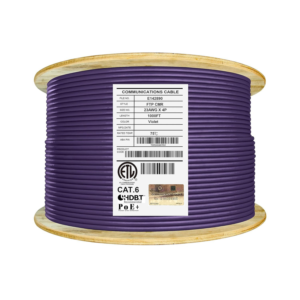 Cat6 Shielded Riser 1000ft F/UTP 23AWG Solid Bare Copper Ethernet Cable Reel Orange U518