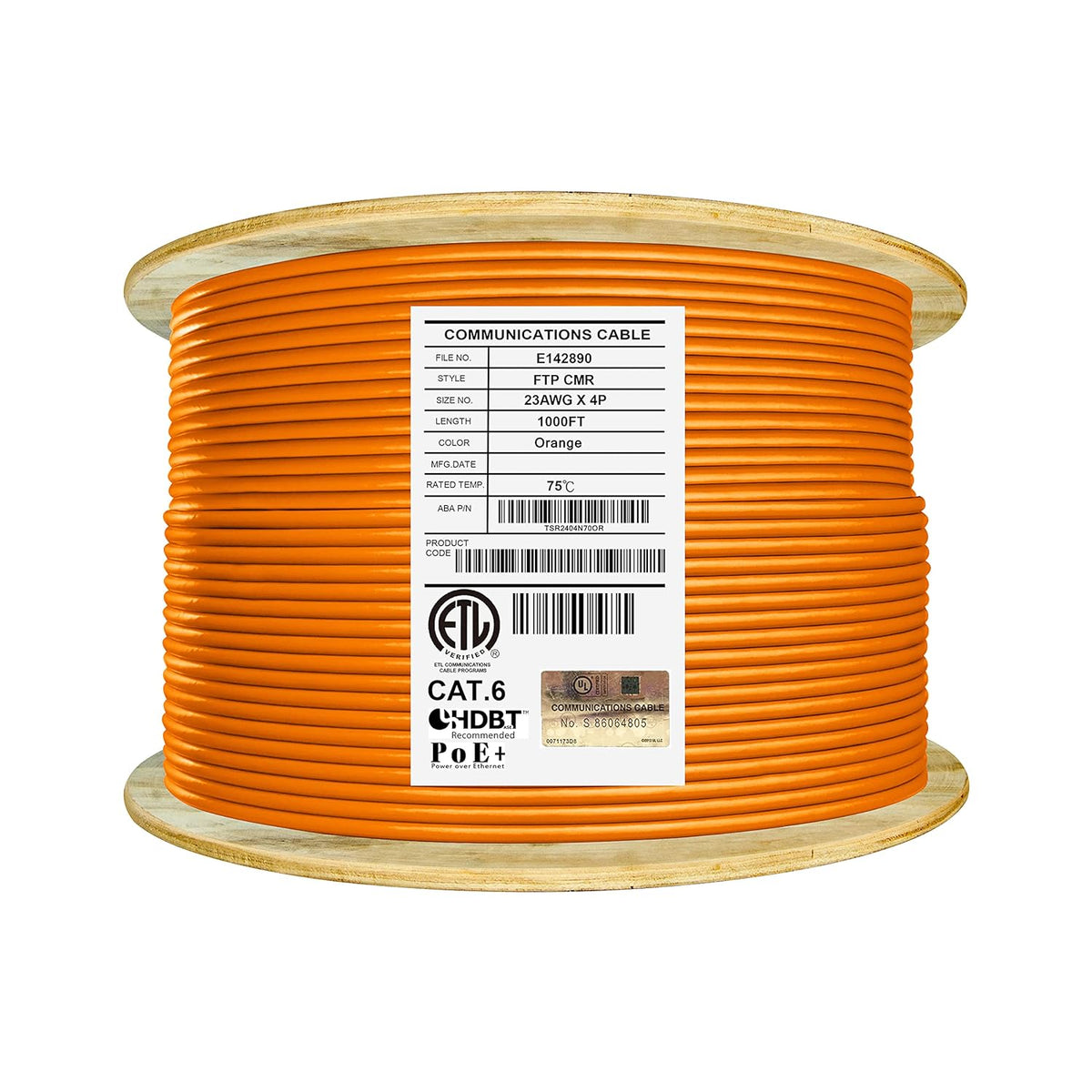 Cat6 Shielded Riser 1000ft F/UTP 23AWG Solid Bare Copper Ethernet Cable Reel Orange U518